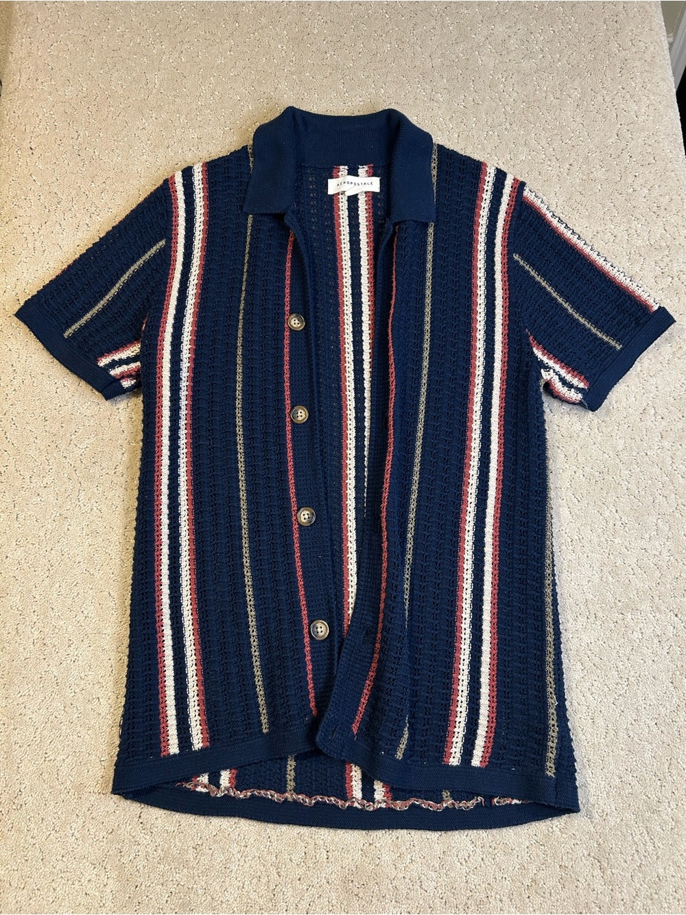 Aeropostale Open Knit Striped Short Sleeve Sweater Polo Shirt Sz S Navy Blue Res